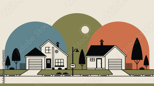 Illustrated neighborhood scene with houses trees and sun in a stylized retro design aesthetic