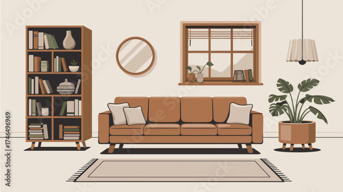 A living room scene with a brown couch, bookshelf, window, plant, mirror, rug and a lamp hanging down