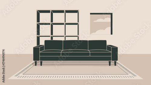 A living room scene featuring a green couch, a square shelf, and a picture with clouds on the wall