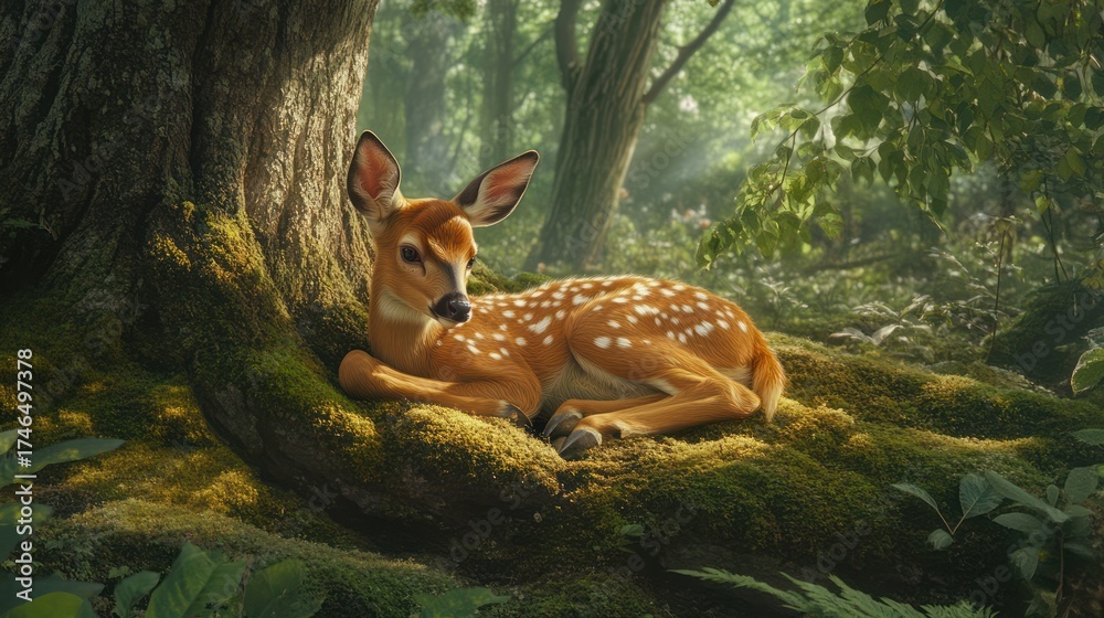 Fototapeta premium Fawn resting forest tree roots sunlit background nature illustration