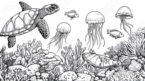 Fototapeta Naklejka Na Ścianę i Meble -  Ocean turtle, jellyfish, coral reef illustration; underwater scene; book, textile design