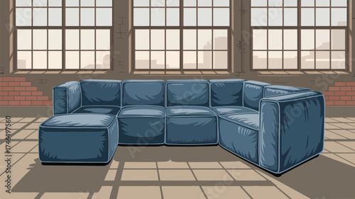 A blue sectional sofa in a room with large windows and a brick wall against the back of the room