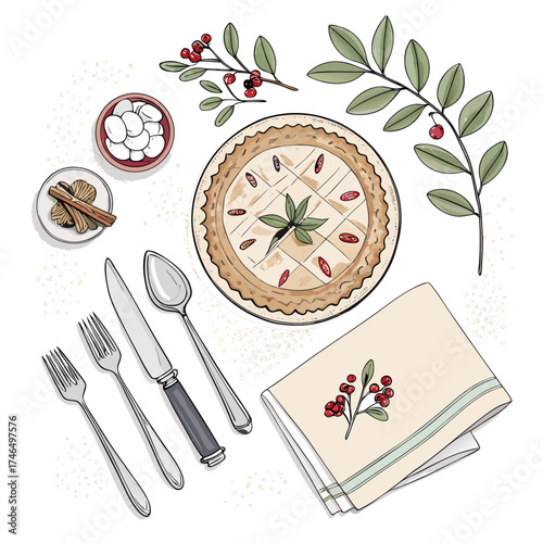 Hand-Drawn Kitchen Table Flat Lay with Pie, Cutlery, and Creamer