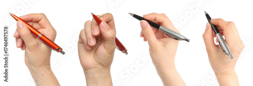 Konstfotografi Set of hand holding business ballpoint pen isolated on transparent background