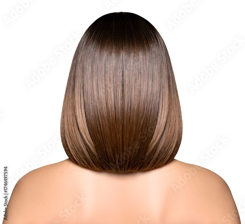 Straight Bob Haircut Back View, Smooth Brown Hair, Isolated on White
