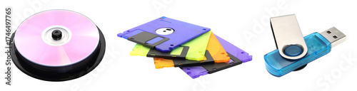 Set of vintage data storage including floppy disk, CD, and USB flash drive isolated on transparent background