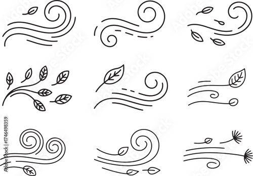 Wind Flow Icon Set with Leaves and Air Motion Vector Design