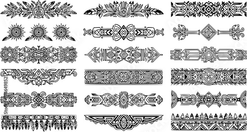 Aztec borders set. Ethnic ornament, decoration patterns in Arabic, Egyptian or native American tribal styles.