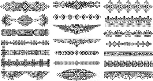 Aztec borders set. Ethnic ornament, decoration patterns in Arabic, Egyptian or native American tribal styles.