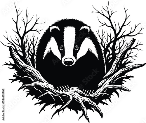 Black and white illustration of a badger emerging from a tangle of bare tree branches and roots animal