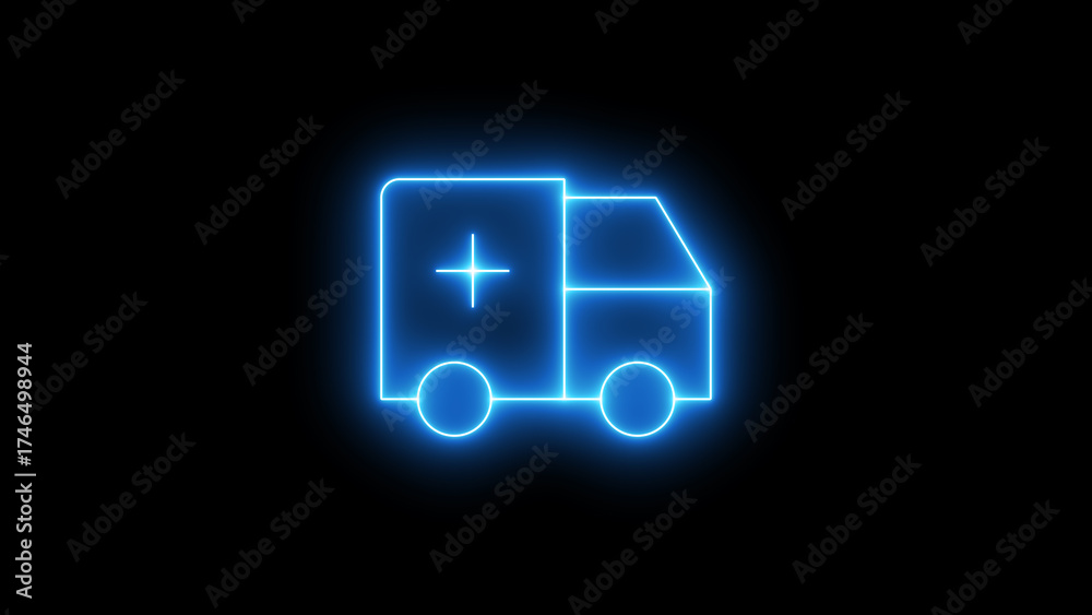 Fototapeta premium Blue neon glowing ambulance icon with a prominent medical cross symbol, representing emergency healthcare services and rapid medical transport, illuminated and isolated on black background