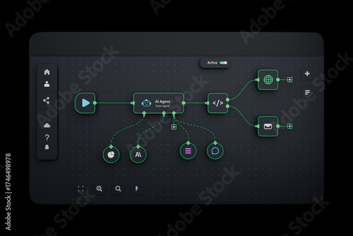 AI workflow automation artificial intelligence software interface nodes triggers data tool dashboard coding icon flow process technology 3d rendering.