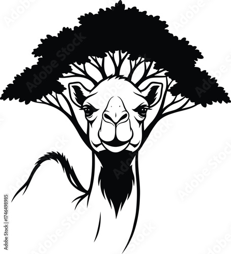 Black and white illustration of a camel's head with a stylized acacia tree forming its mane and headpiece
