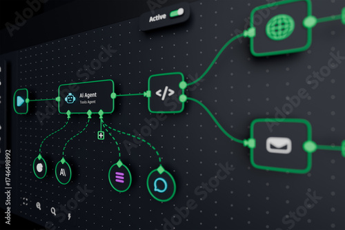 AI workflow automation artificial intelligence software interface nodes triggers data tool dashboard coding icon flow process technology 3d rendering.