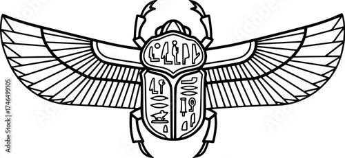 Ancient Egyptian scarab with wings line vector illustration
