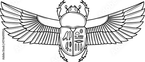 Ancient Egyptian scarab with wings line vector illustration
