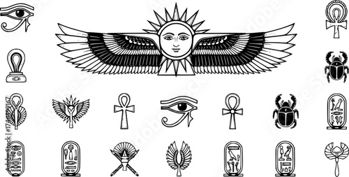 vector monochrome icon set with ancient egyptian symbol Winged sun for your project