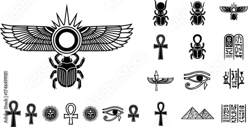 vector monochrome icon set with ancient egyptian symbol Winged sun for your project