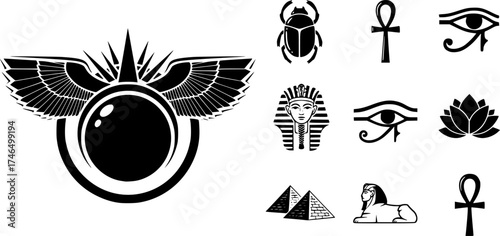 vector monochrome icon set with ancient egyptian symbol Winged sun for your project