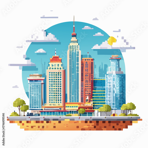 Cityscape illustration modern buildings and skyscrapers against blue sky