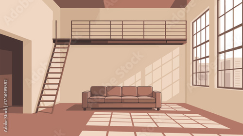 A cartoon loft apartment interior with a sofa, ladder, and large windows casting patterned light across floor
