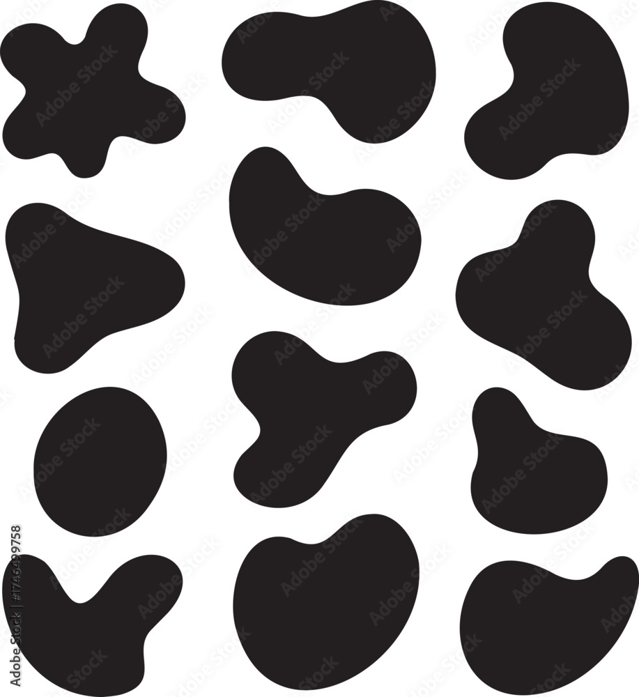 Fototapeta premium Collection of organic amorphous black shapes and blobs on a white background abstract design elements