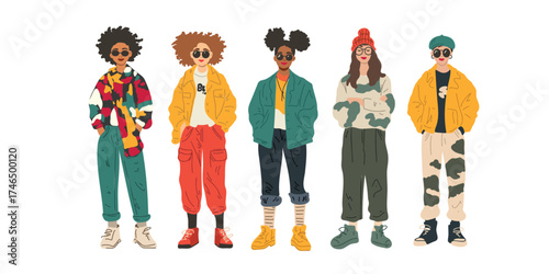 vector illustration stylish young people in retro fashion