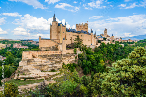 Segovia, Castilla y Leon, Spain: Skyline of the old town with the Alcazar of Segovia and the Cathedral of Segovia; famous cityscale and travel landmarks