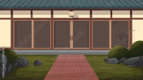 Cartoon house with a brown trim and a lantern hanging above the door and a red brick path leading up