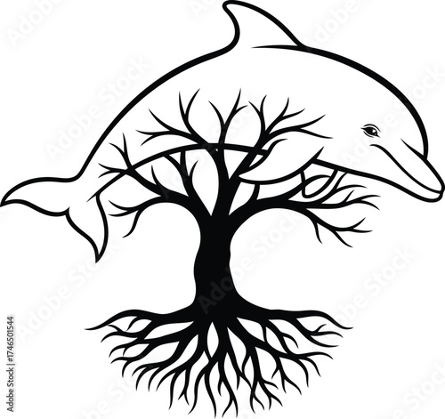 Dolphin Silhouette Merging with a Tree of Life Silhouette on White Background animal marine life