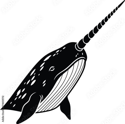 Dynamic Black and White Silhouette of a Narwhal Swimming with Tusk Extended whale marine