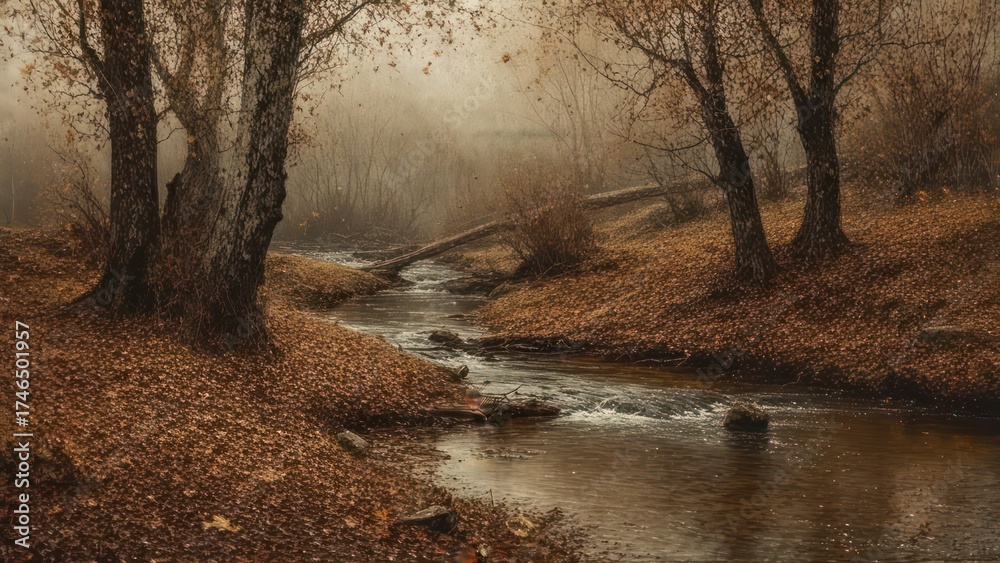 Obraz premium Serene Creek Flowing Through a Moody Autumnal Woodland.