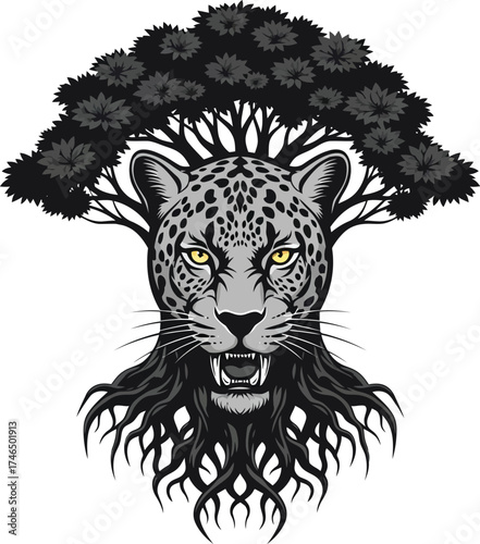Fierce leopard head with a dense tree canopy for a mane and tangled roots as a beard on a white background