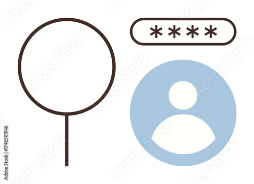 Search magnifying glass, password field, user profile icon in flat design. Ideal for data security, identity verification, account management, login process, cybersecurity, privacy user access