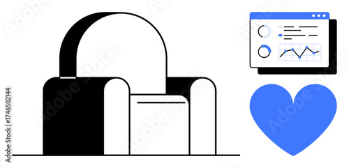 Chair, analytics dashboard with graphs, and blue heart symbolizing comfort, data insights, and health. Ideal for health tracking, business wellness, data-driven design, lifestyle remote work