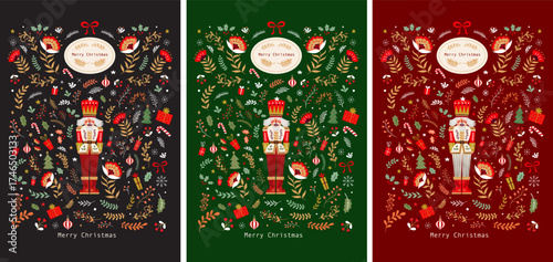 Nutcracker illustrations. Merry Christmas cover and cards design. Christmas illustration in Scandinavian style with traditional Christmas and New Year elements
