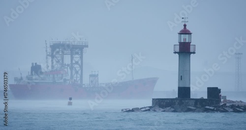 Misty Harbor Scene With Red Cargo Ship And Lighthouse on the coast In Fog and Rain At Dawn stormy weather Varna sea port, Bulgaria