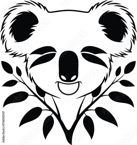 Stylized Black and White Koala Face with Eucalyptus Branches and Leaves animal wildlife