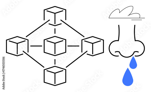 Interconnected cubes representing blockchain juxtaposed with a nose exhaling droplets, blending digital systems with health. Ideal for technology, allergy season, innovation, metaphor, data flow