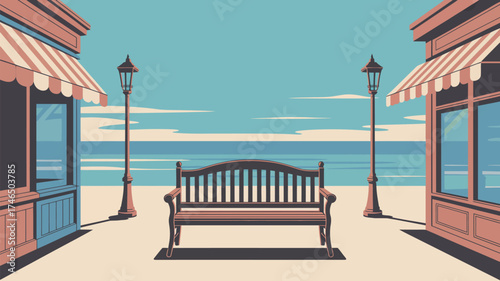 A bench facing the ocean between two shops with awnings and street lamps on a sunny day illustration