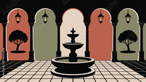 A courtyard with arches columns and a fountain with trees and lanterns in a stylized illustration
