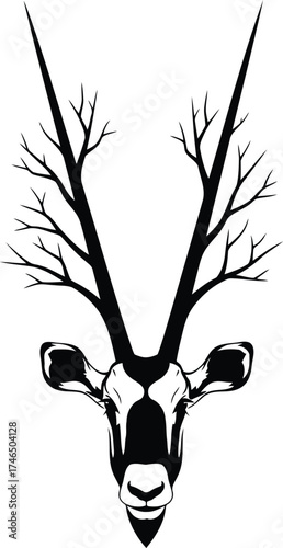 Stylized Oryx Head with Branching Antlers and Tree-like Horns on White Background antelope animal