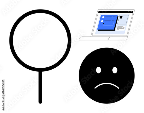 Magnifying glass, sad face, and laptop screen suggest research, frustration, and evaluation. Ideal for problem-solving, analysis, digital stress, investigation user feedback online struggles