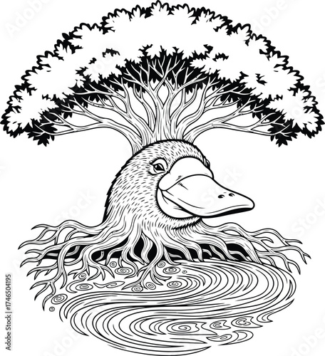 Whimsical black and white illustration of a duck's head with tree branches for a crown and roots in water, symbolizing nature's fusion