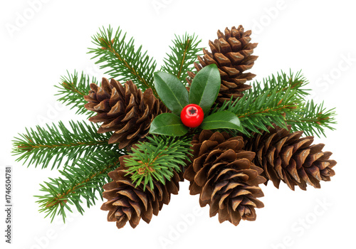 Isolated Evergreen Fir Tree Cones with Holly Berry, Natural, Festive, Forest, Holiday Theme