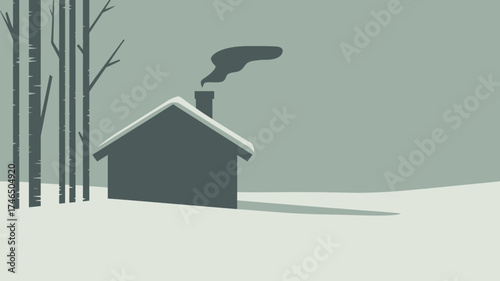 A cabin in the snowy woods with smoke coming from the chimney and bare trees in the winter scene view