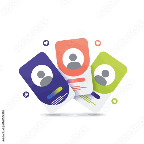 A modern vector illustration of three colorful social media user profile cards with avatar icons and likes.
