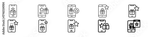 Mobile Offers and Rewards Line Icons Vector Set – Gift, Coupon, Promotion, Loyalty, Mobile gift and reward icon pack — flat outline style smartphone symbols with present box