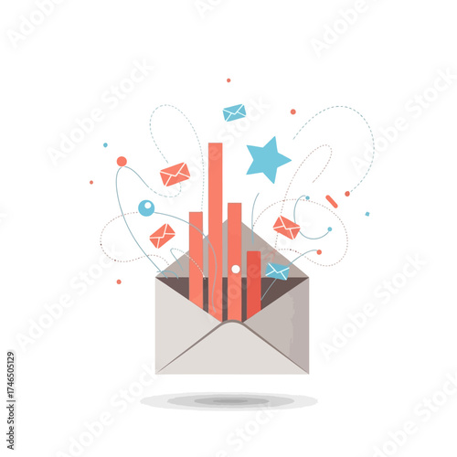 An open envelope with a bar graph emerging, surrounded by small envelopes and stars, symbolizing email marketing and data analysis.
