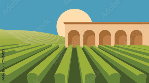 A stylized vineyard landscape with a building featuring arches under a bright sun in the sky vector art